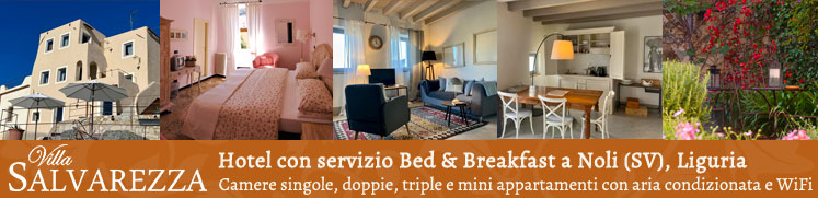 Villa Salvarezza, hotel b&b bed and breakfast a Noli in Liguria, offre camere singole doppie triple e mini appartamenti con bagno, aria condizionata e wifi. A pochi minuti dal mare della riviera ligure